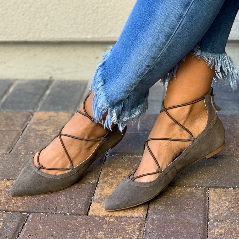 Olive Green Elastic Lace Pointy Toe Ballet Flats - Picture 5 of 7